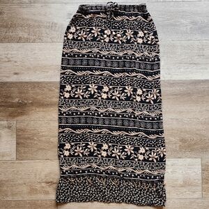 Notations Womens Small Floral Animal Print Maxi Skirt Bead Trim Tie Waist Black